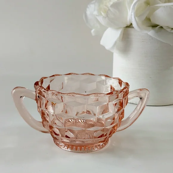 Vintage Jeannette Cube Pink Depression Glass Open Sugar Bowl - Picture 2 of 6